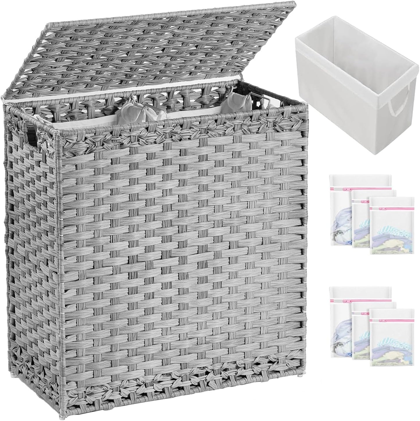 SETVSON Laundry Hamper with Lid Laundry Basket 132 L (35 Gal) Wicker Clothes Hamper, Handwoven Rattan Hamper with Handles and 4 Removable Liner Bags, 6 Mesh Bags for Laundry Bedroom Natural