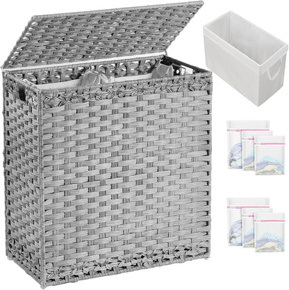 SETVSON Laundry Hamper with Lid Laundry Basket 132 L (35 Gal) Wicker Clothes Hamper, Handwoven Rattan Hamper with Handles and 4 Removable Liner Bags, 6 Mesh Bags for Laundry Bedroom Natural