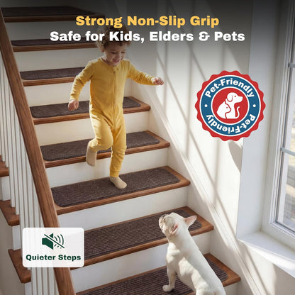 MBIGM 8" X 30" (15 in Pack) Nonslip Carpet Stair Treads Non-Skid Safety Rug Slip Resistant Indoor Runner for Kids Elders & Pets with Reusable Adhesive - Brown - Non Slip Stair Treads Indoor
