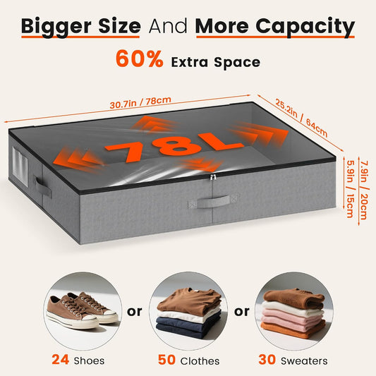 XXXL 78L Under Bed Storage with Wheels, Rolling Storage Containers with Clear Lid & Label, Heavy-Duty Metal Frame, Easy Pull-out, Underbed Storage Bins for Clothes, Shoes, Blankets, and Toys(2PACK)