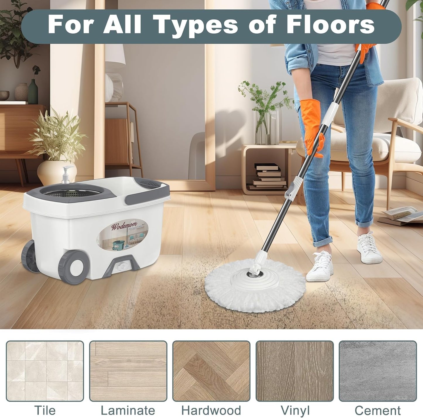 Spin Mop and Bucket System, Mop and Bucket with Wringer Set,Mops for Floor Cleaning,Household Supplies Tools with 6 Replacement Refills,61" Extended Handle for Household Hardwood Floor - Green