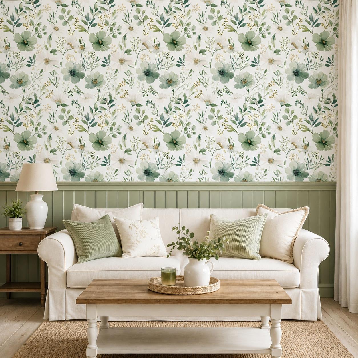 Sage Green Floral Peel and Stick Wallpaper Self Adhesive Removable Modern for Bedroom Accent Wall Renter Friendly Thick Watercolor Natural Flower Wallpaper 17.7" x 118"