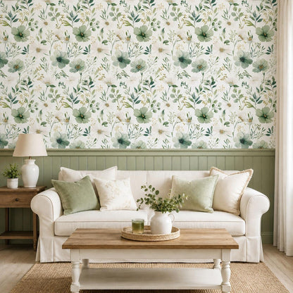 Sage Green Floral Peel and Stick Wallpaper Self Adhesive Removable Modern for Bedroom Accent Wall Renter Friendly Thick Watercolor Natural Flower Wallpaper 17.7" x 118"