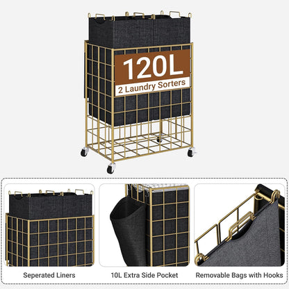 Laundry Basket with Wheels, Heavy Duty Laundry Sorter 2 Sections, 120L (32Gal.) Large Capacity Laundry Hamper with Wood Lid, 360 Rolling Wheels, Extra Side Pocket, Leather Pull Handle, Beige