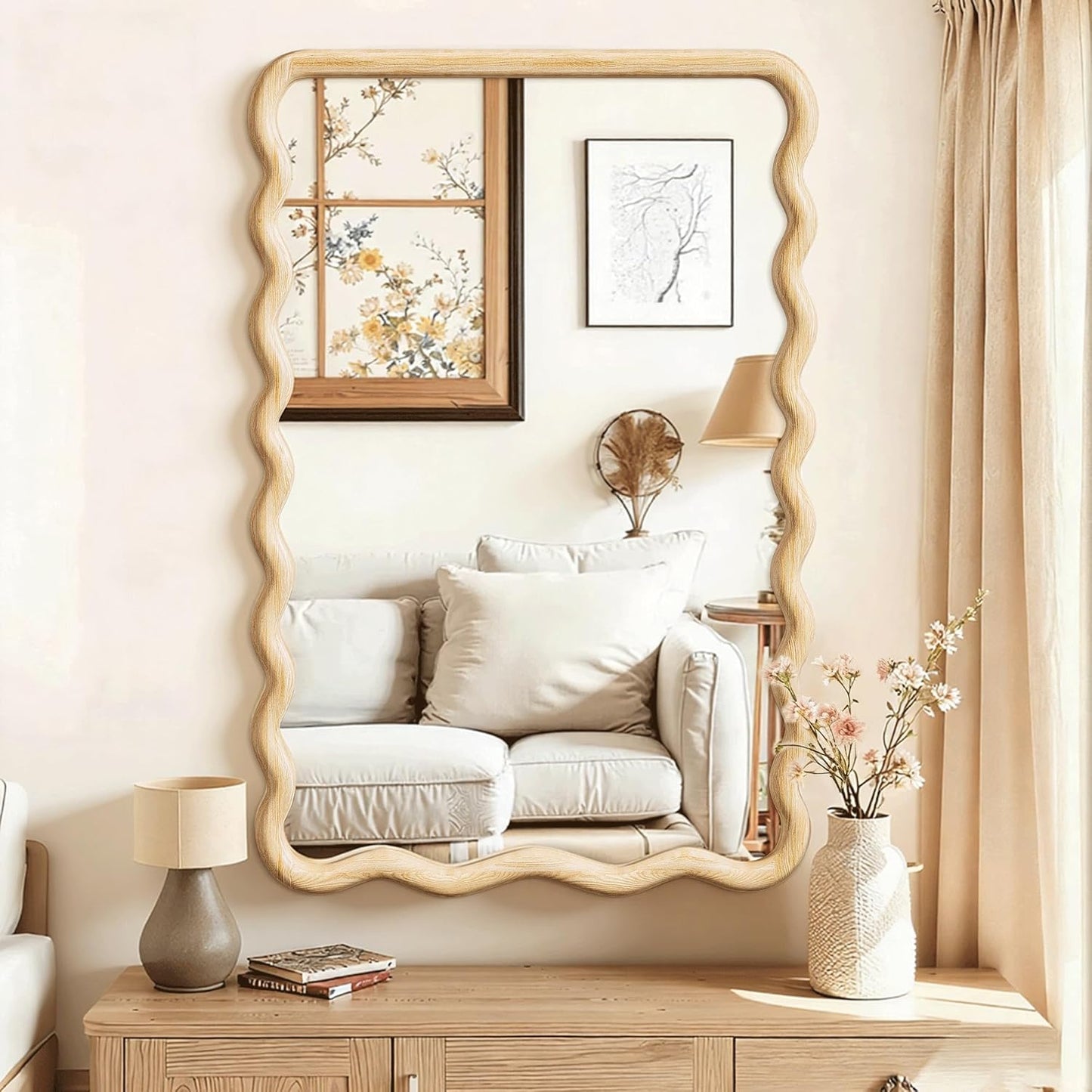 Full Length Mirror, 55"x28" Boho Wavy Wood Floor Mirror, for Bathroom, Bedroom, Living Room, Cloakroom, Entryway