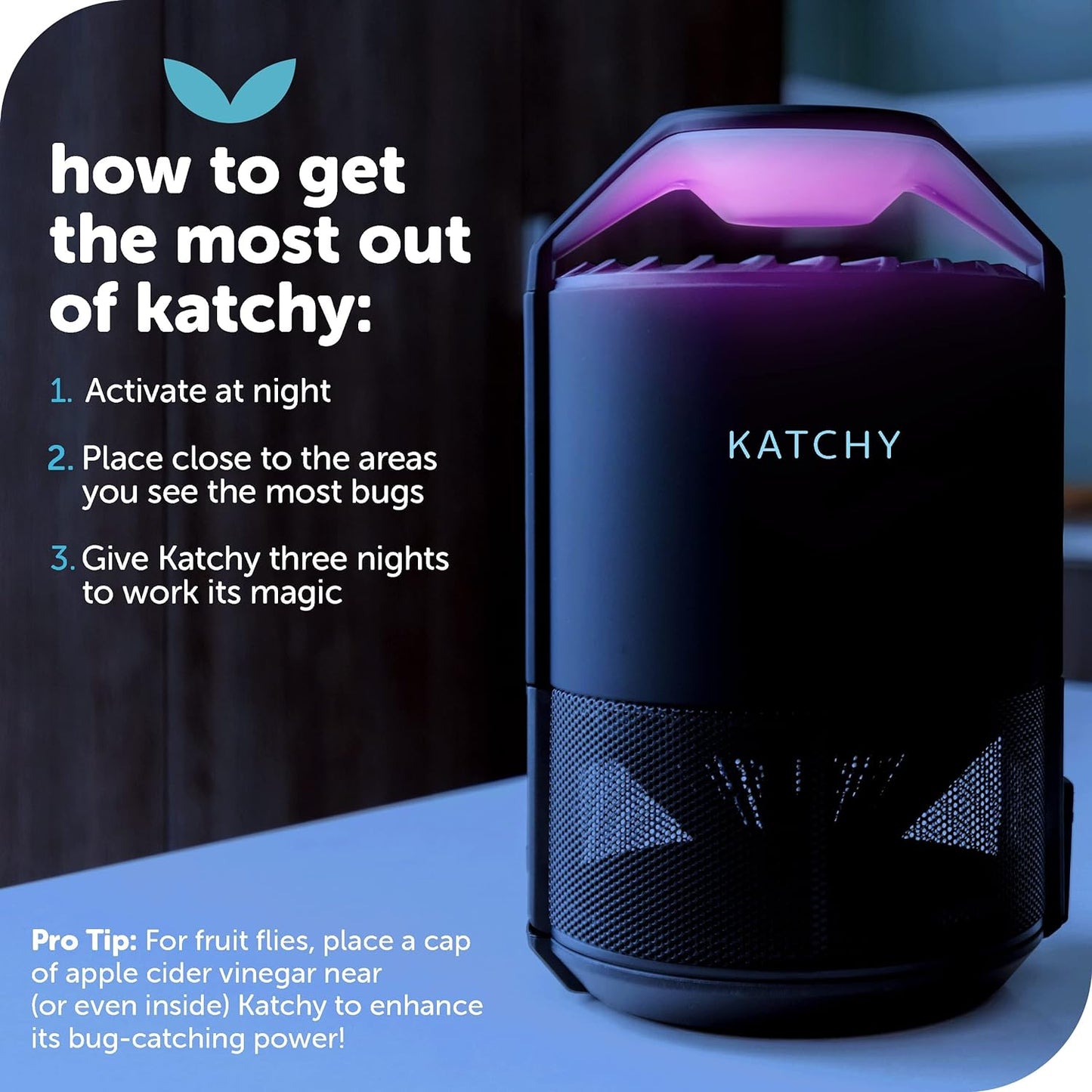 The Original Katchy Indoor Insect Trap - Fan Powered with UV Light - Fruit Fly Traps for Indoors - for Fruit Flies, Gnats, Mosquitoes, Moths (Black)