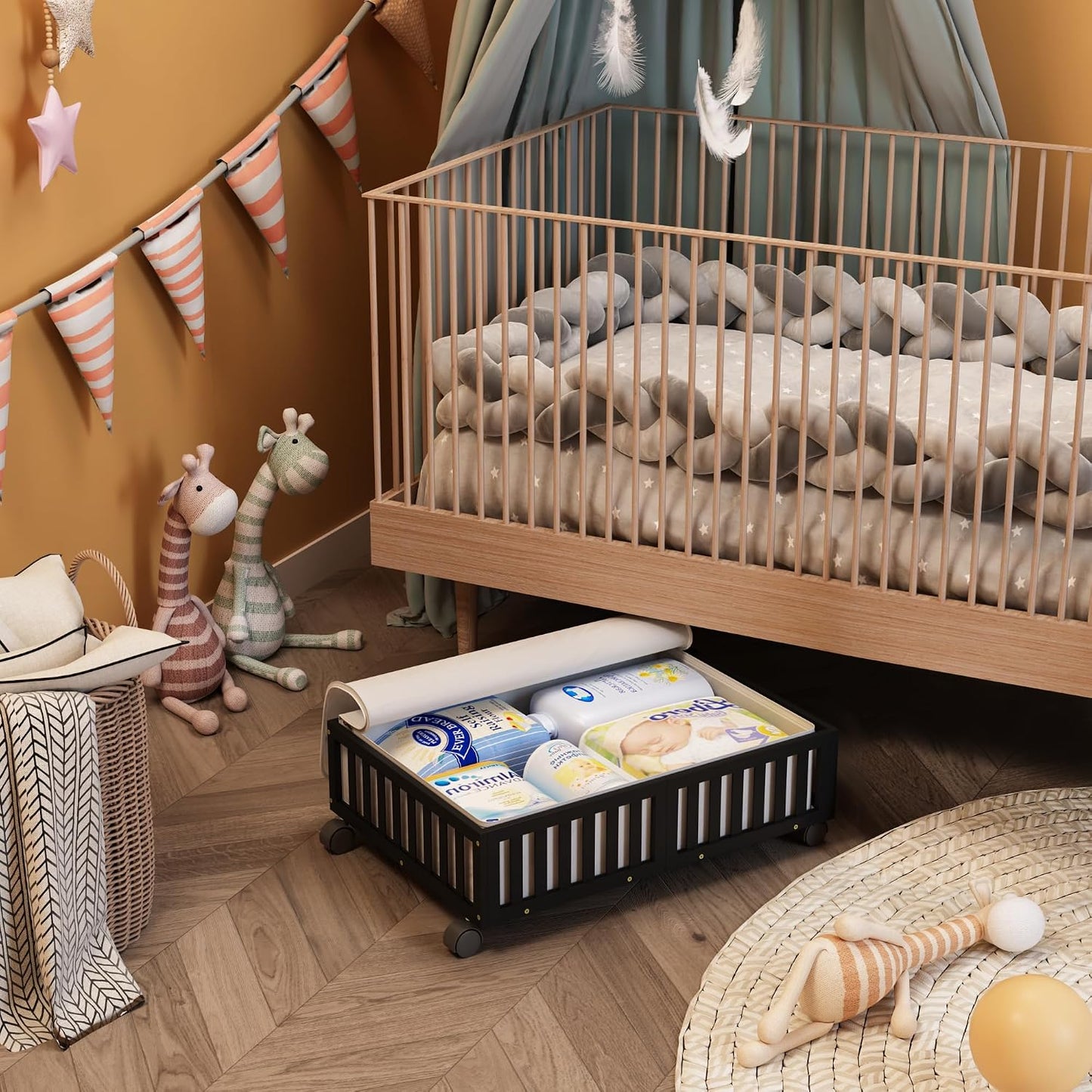 Bamboo Under Bed Storage Containers with Wheels, 2 Pack Under the Bed Shoe Storage Bins, Wood Rolling Underbed Drawers with Bag Organizer for Bedroom, Sheets Clothes Blanket Comforter, Under Crib Toy