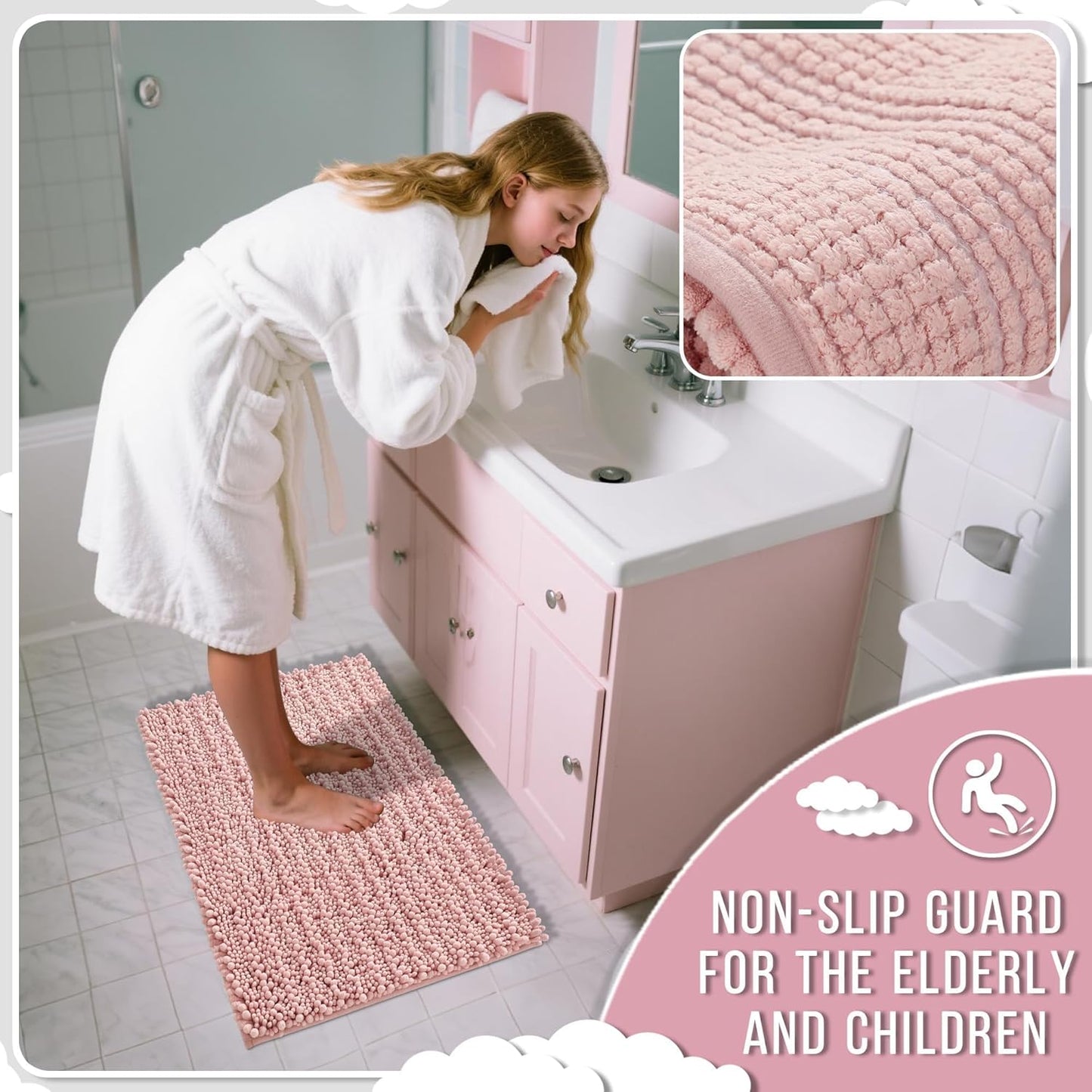 Yimobra Bathroom Rugs Non Slip Washable - Ultra Soft Absorbent Chenille Bath Mat, Quick Dry Shaggy Floor Carpet for Tub Shower, Gray Home Decor Accessories, 24x17 Inch