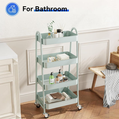 OLIXIS Metal 4 Tiers Utility Rolling Cart, Mobile Storage Shelf with Lockable Caster Wheels, Organization for Livingroom, Bathroom, Kitchen, & Narrow Places, 4-Tier Green