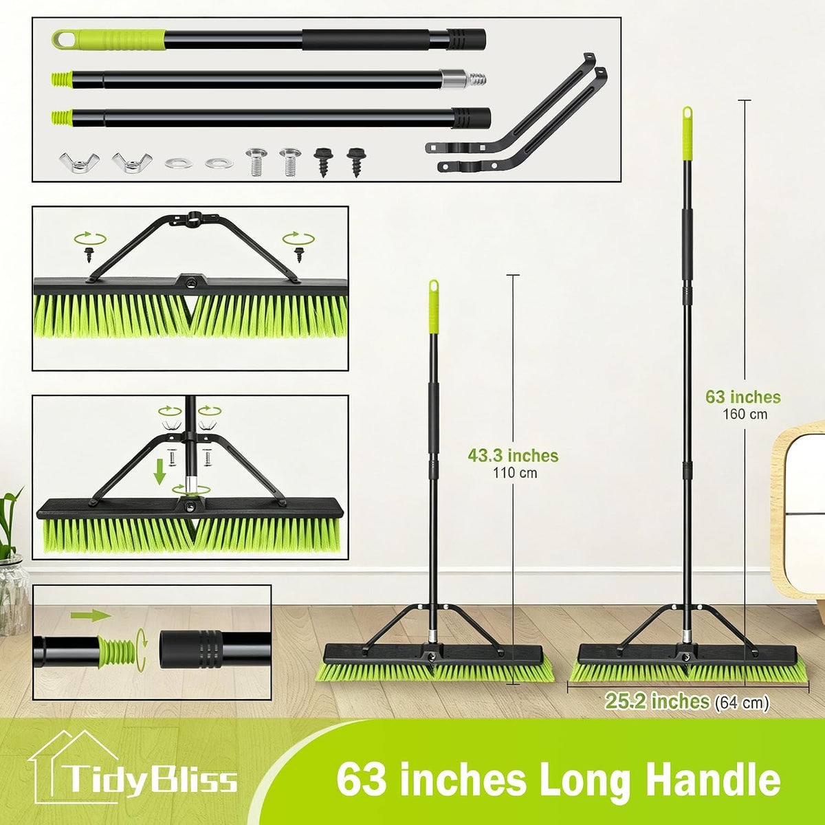 TidyBliss 24” Push Broom Outdoor Heavy Duty, Large Commercial Stiff Bristle Brush with 63 inches Long Handle for Garage Shop Garden Yard Patio Deck Street Warehouse Lawn Driveway (Yellow-Green)