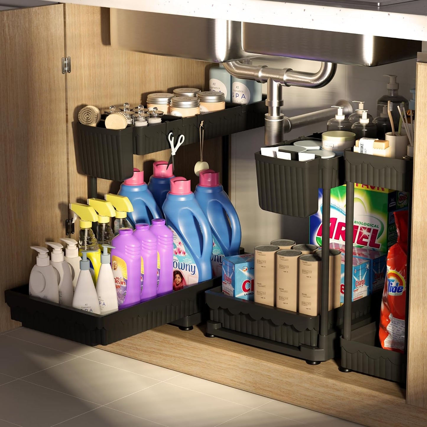 Sevenblue 3 Pack Multi-Purpose Pull-Out Storage Organizers, 2-Tier L-Shaped Under Sink/Cabinet Organizers and Storage for Bathroom & Kitchen, (Black, 12.85 Inches)