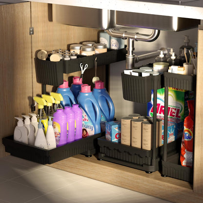 Sevenblue 3 Pack Multi-Purpose Pull-Out Storage Organizers, 2-Tier L-Shaped Under Sink/Cabinet Organizers and Storage for Bathroom & Kitchen, (Black, 12.85 Inches)