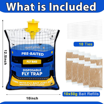 Big Disposable Hanging Fly Trap Bag 4 Pack for Chicken Coop Barn Ranch Farm | 50g Dissolvable Bait Fly Hunter for Flying Insects, Large Clear Capacity, No Messy Cleanup, Weatherproof Outdoor-only Use