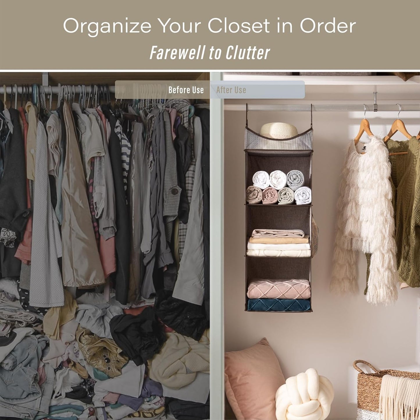 StorageWorks Hanging Closet Organizer, 3-Shelf Hanging Closet Shelves with Top Shelf, 15 ¾"W x 12" D x 31" H, Extra-Large Space, Ivory White