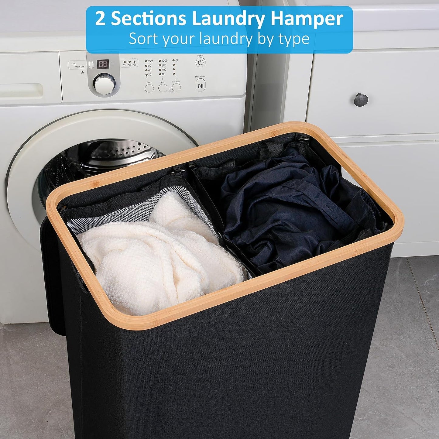 efluky Slim Laundry Basket with Lid, Narrow Laundry Hamper with Removable Bag, Skinny Dirty Clothes Basket with Bamboo Handles for Bathroom, Bedroom & Laundry Room, 75L Beige