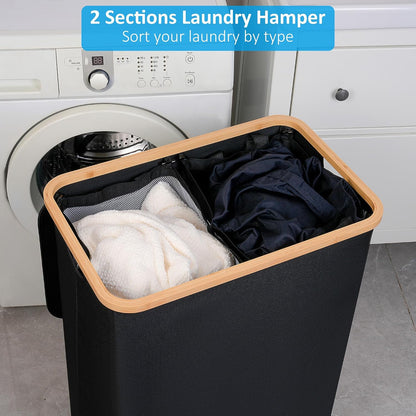 efluky Slim Laundry Basket with Lid, Narrow Laundry Hamper with Removable Bag, Skinny Dirty Clothes Basket with Bamboo Handles for Bathroom, Bedroom & Laundry Room, 75L Beige