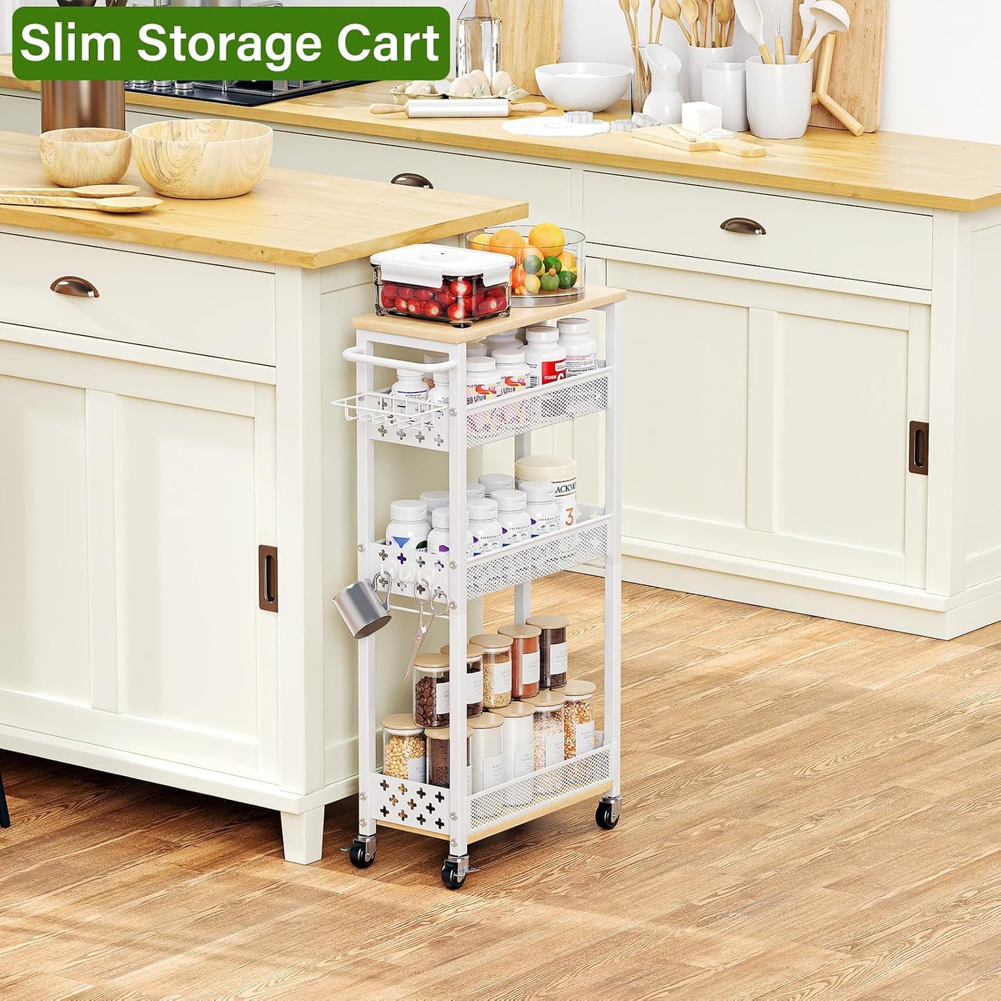 Utility Slim Storage Cart for Home Laundry Room, Bathroom, Kitchen | 4-Tier narrow rolling cart for small space, Holds tall bottles, Upgraded metal hub casters, Premium wood & metal mesh shelves