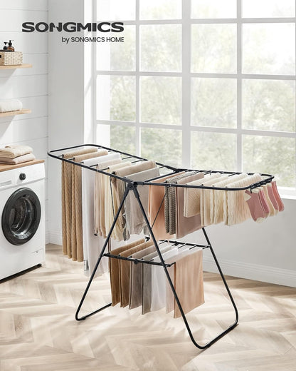 SONGMICS Clothes Drying Rack, with Sock Clips, Metal Laundry Rack, Foldable, Space-Saving, Free-Standing Airer, with 2 Height-Adjustable Gullwings, Indoor Outdoor Use, Gray ULLR052G01