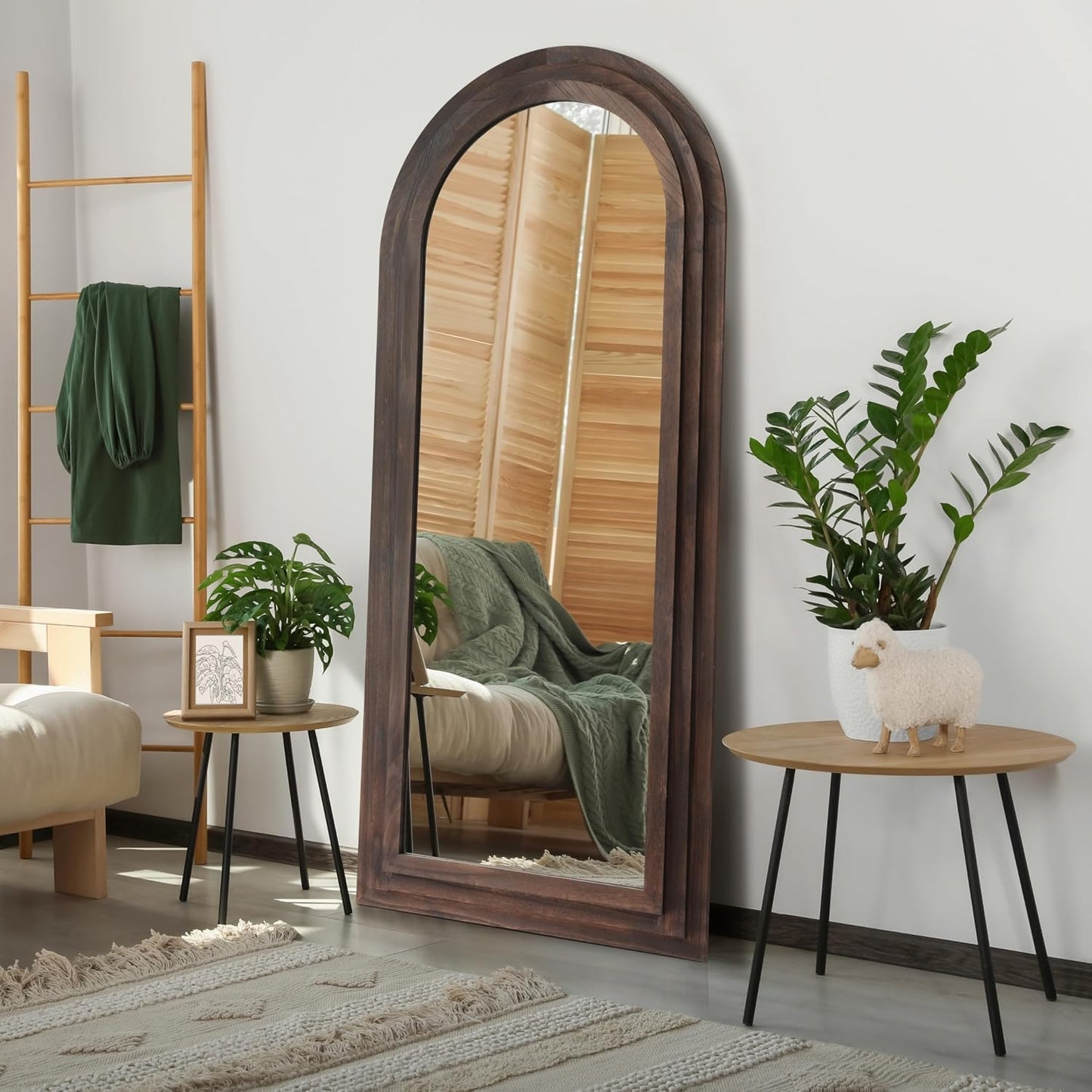 PERFNIQUE Arched Full Length Mirror with Solid Wood Frame, 71"x32" Rustic Farmhouse Wall Mounted Floor Mirror with Stand, Vertical Hanging, Leaning Standing for Bedroom, Living Room & Entryway