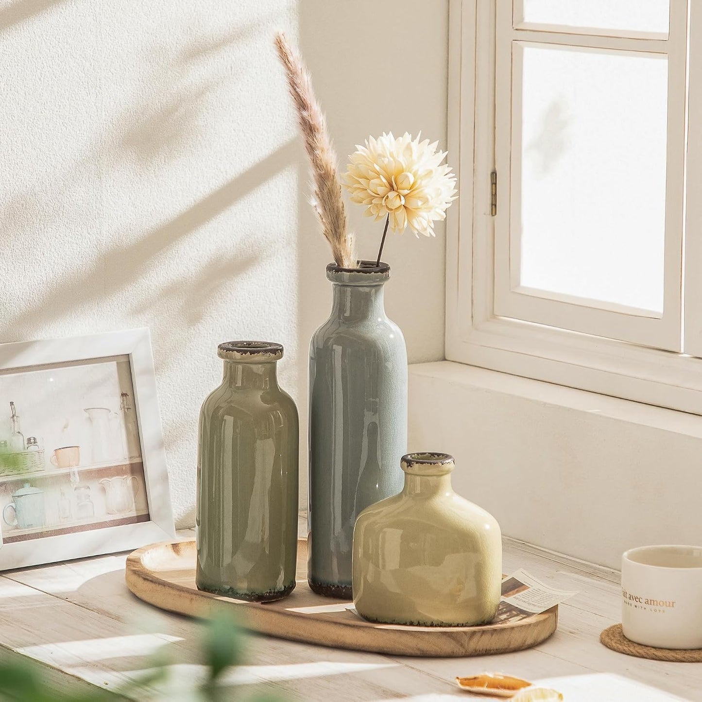 Bud Vase - Flower Vase Set - Decorative Vases - Ceramic Small Vase Set of 3 for Centerpieces - Ice Creak for Decor - Modern Decoration Vases for Home Farmhouse Table Office, Mini Vase by Lyeec
