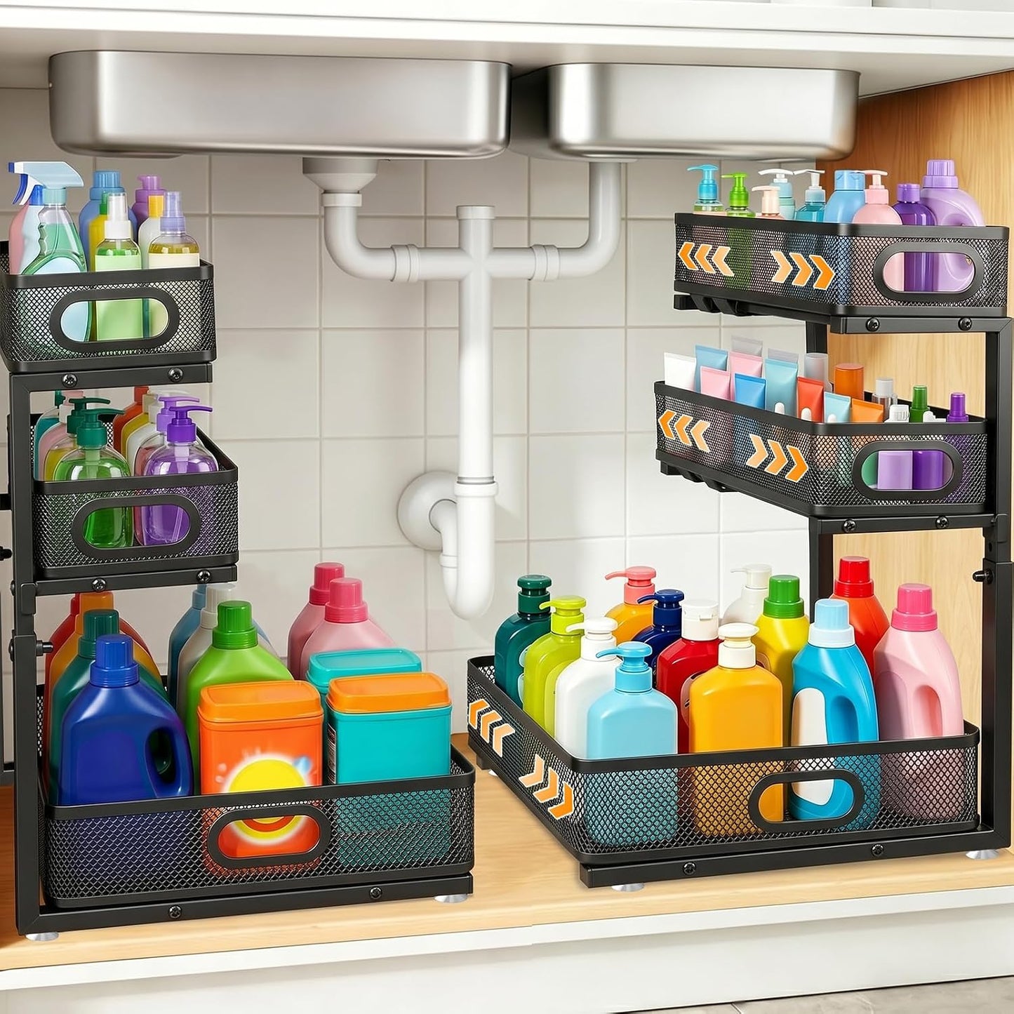 Under Sink Organizer for Bathroom, 3 Tier Adjustable Height Under Sink Storage, Sliding Pull Out Cabinet Organizer Shelf, Metal Multi-Purpose Cabinet Organizer for Kitchen (2 Pack, White)