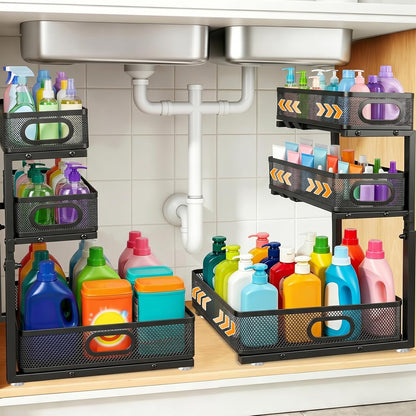 Under Sink Organizer for Bathroom, 3 Tier Adjustable Height Under Sink Storage, Sliding Pull Out Cabinet Organizer Shelf, Metal Multi-Purpose Cabinet Organizer for Kitchen (2 Pack, White)