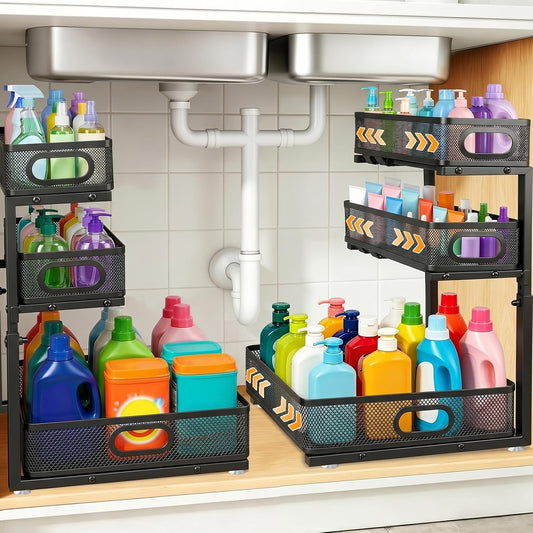 Under Sink Organizer for Bathroom, 3 Tier Adjustable Height Under Sink Storage, Sliding Pull Out Cabinet Organizer Shelf, Metal Multi-Purpose Cabinet Organizer for Kitchen (2 Pack, White)