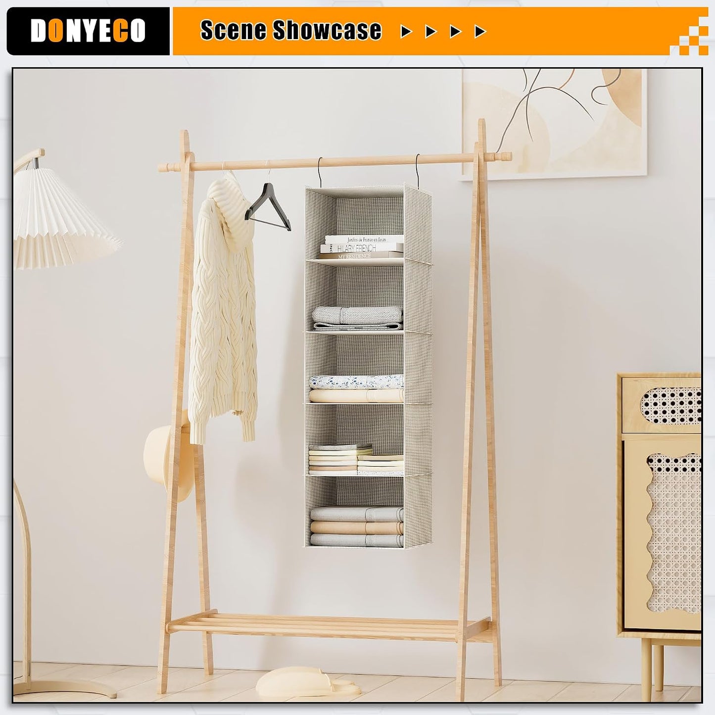 Hanging Closet Organizer 3-Shelf, Oxford Fabric Wardrobe Storage, Gray | Easy-mount foldable design holds clothes, handbags, shoes & accessories; washable Oxford fabric, sturdy and space-saving.