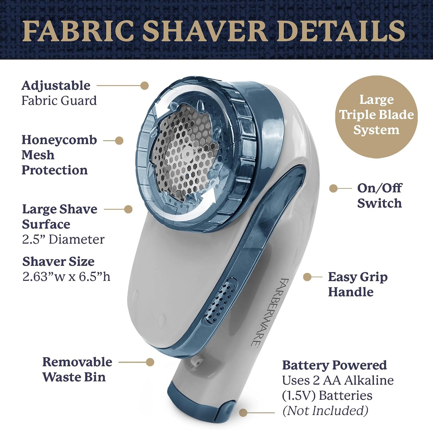 Farberware Fabric Shaver & Lint Remover for Clothes – Battery Operated Lint Shaver with Triple Blades, Sweater Shaver to Remove Pilling for Clothing, Couch, Furniture, Fuzz, Lint Balls