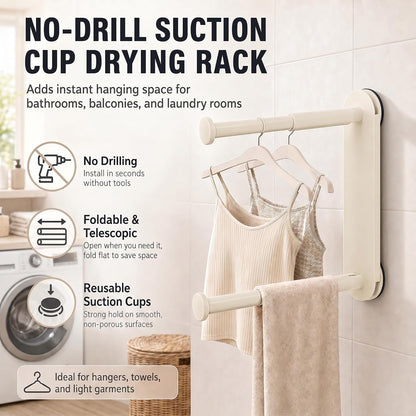 Foldable Clothes Rack No Drill - Heavy Duty Suction Cup Wall Mounted Drying Rack for Laundry, Space Saving Adhesive Hanger for Apartment, Bathroom (Holds 5.5lbs) (Milky White)