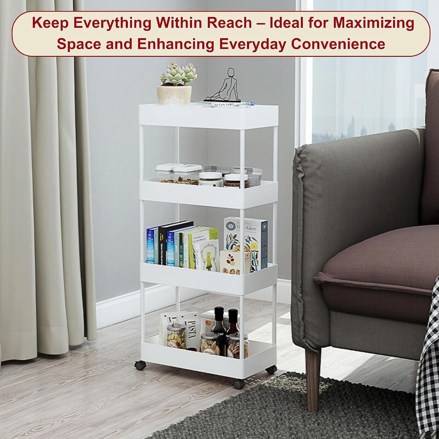 Slim Storage Cart with Wheels Lockable, 4 Tier Narrow Rolling Cart, Hooks and Basket, Multi Cart Organizer for Kitchen Bathroom Laundry Bedroom Office