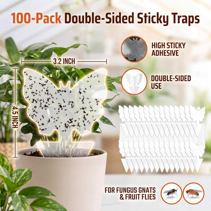 100 Pack Gnat Traps, Double Sided Plant Sticky Traps for Flying Insects, Clear Flying Bug Catcher for Indoor Outdoor Fruit Flies, Mosquitoes, Easy Release Liner for Plants, House