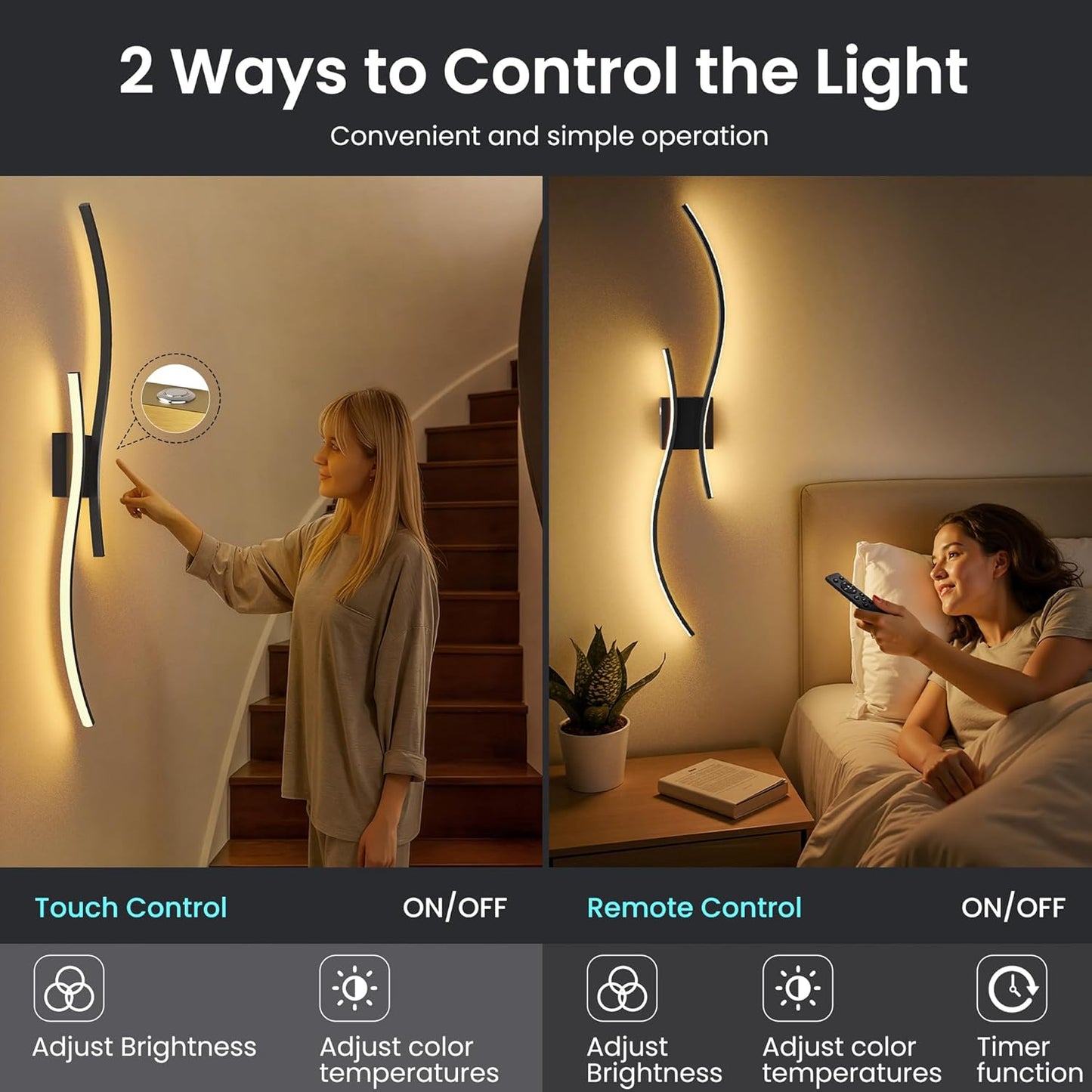 Battery Operated Wall Sconces Set of Two, 10000mAh Rechargeable Modern Wall Lights with Remote Control, Dimmable Gold LED Cordless Lighting for Living Room, Bedroom, Hallway, 39.4 Inch, 3CCT