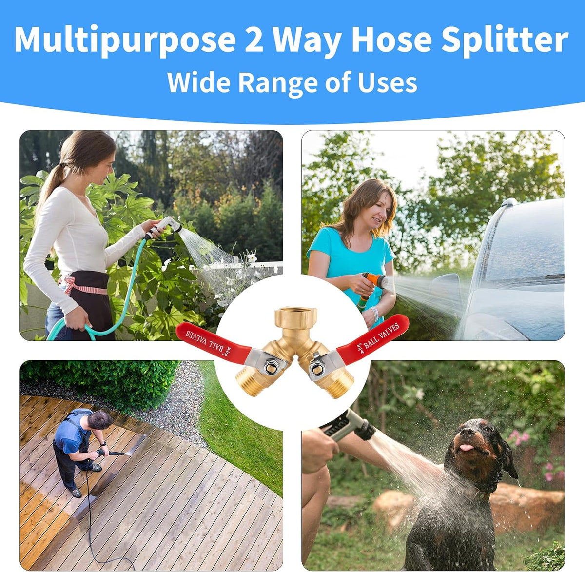 Garden Hose Splitter 2 Way Heavy Duty, Solid Brass Faucet Splitter with Shutoff, Outdoor Full Flow Y Valve Water Hose Splitter Adapter With Long Handle 3/4" GHT Thread