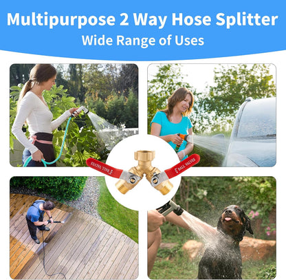 Garden Hose Splitter 2 Way Heavy Duty, Solid Brass Faucet Splitter with Shutoff, Outdoor Full Flow Y Valve Water Hose Splitter Adapter With Long Handle 3/4" GHT Thread