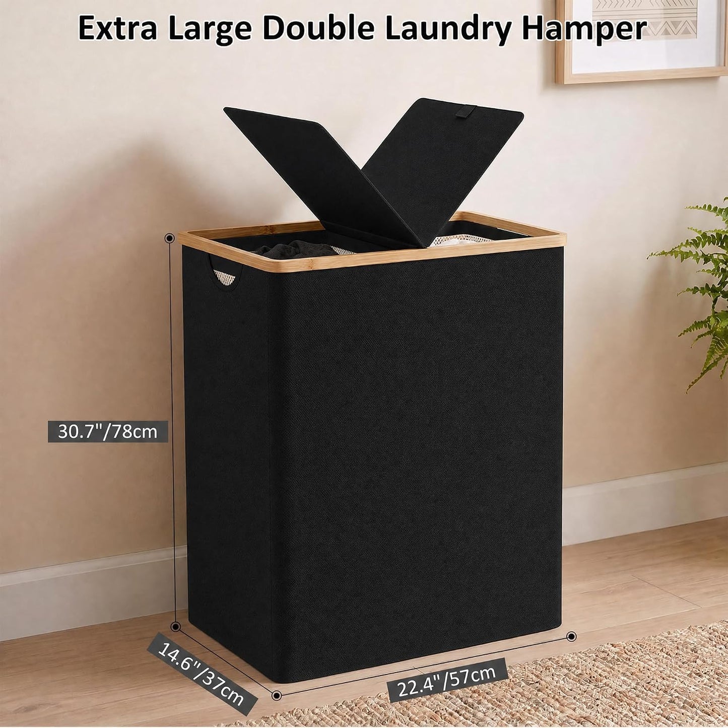 efluky Laundry Hamper with Lid, Trio Laundry Basket with 2 Removable Bags, 3 Section Laundry Bin with Bamboo Handles for Bathroom, Bedroom & Laundry Room, 160L (42.3 Gallon) Beige