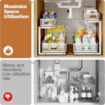 2 Pack Under Sink Organizer With Smooth Cylindrical Rail,2-Tier Pull Out Multi-Purpose Cabinet Storage for Bathroom&Kitchen,Height Adjustable,Rust-resistant Coating-White