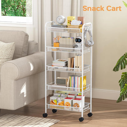 TOOLF 3-Tier Metal Rolling Cart, Mesh Wire Easy Assemble Utility Cart, Storage Trolley on Wheels with 3 Hooks, MetalStorage Shelving Units for Kitchen Bathroom Laundry Room