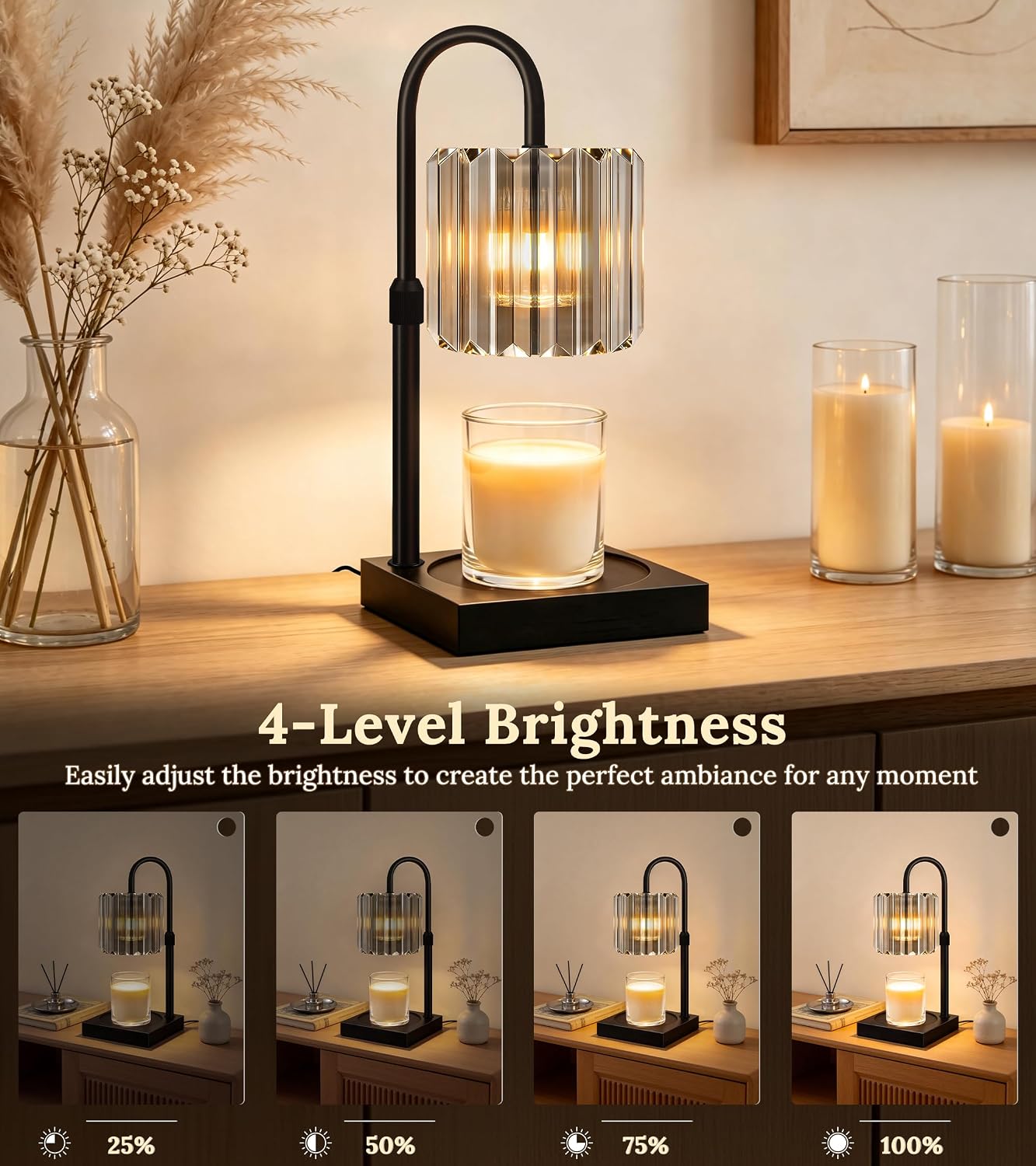 TigQiang Adjustable Height Candle Warmer Lamp, Candle Lamp Timer Dimmer 7 Levels, Compatible All Jar Candles, Top Melting, Cystal Candle Heater Lamp for Scented Wax, Elegant Home Decoration, Black