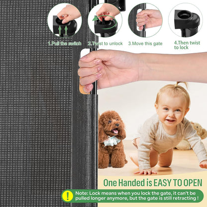 Retractable Baby Gate for Stairs & Doorways, 33" Tall Extends to 71" Wide | Extra Wide Safety Kid Pet Gate, Mesh Dog Gate for Indoor,Outdoor, Hallways One-Handed Operation, Easy Install(33”x71”-Black)