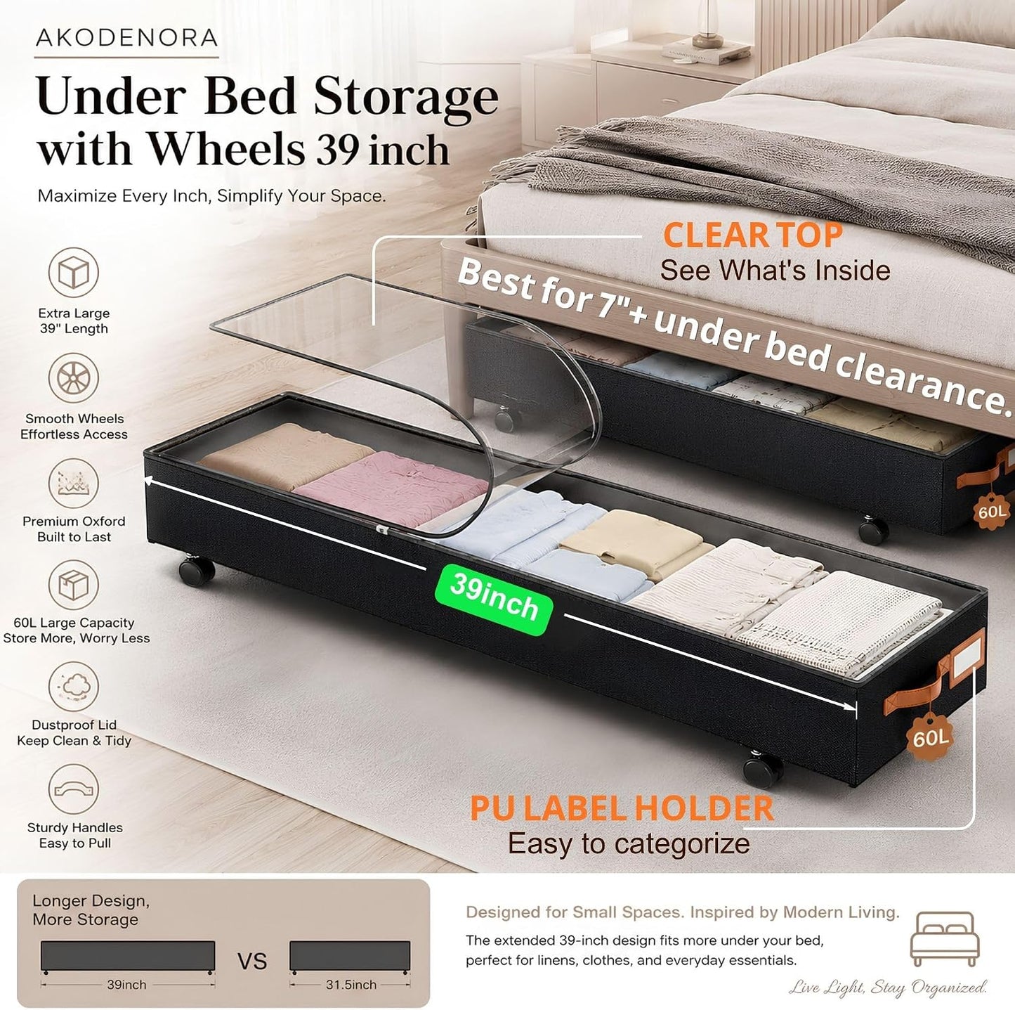 Under Bed Storage with Wheels 39inch, Extra Long Under Bed Storage Bins, Low Profile Under Bed Storage 5.5inch Height No Assemble Storage Containers, Under Bed Shoe Storage with Lids