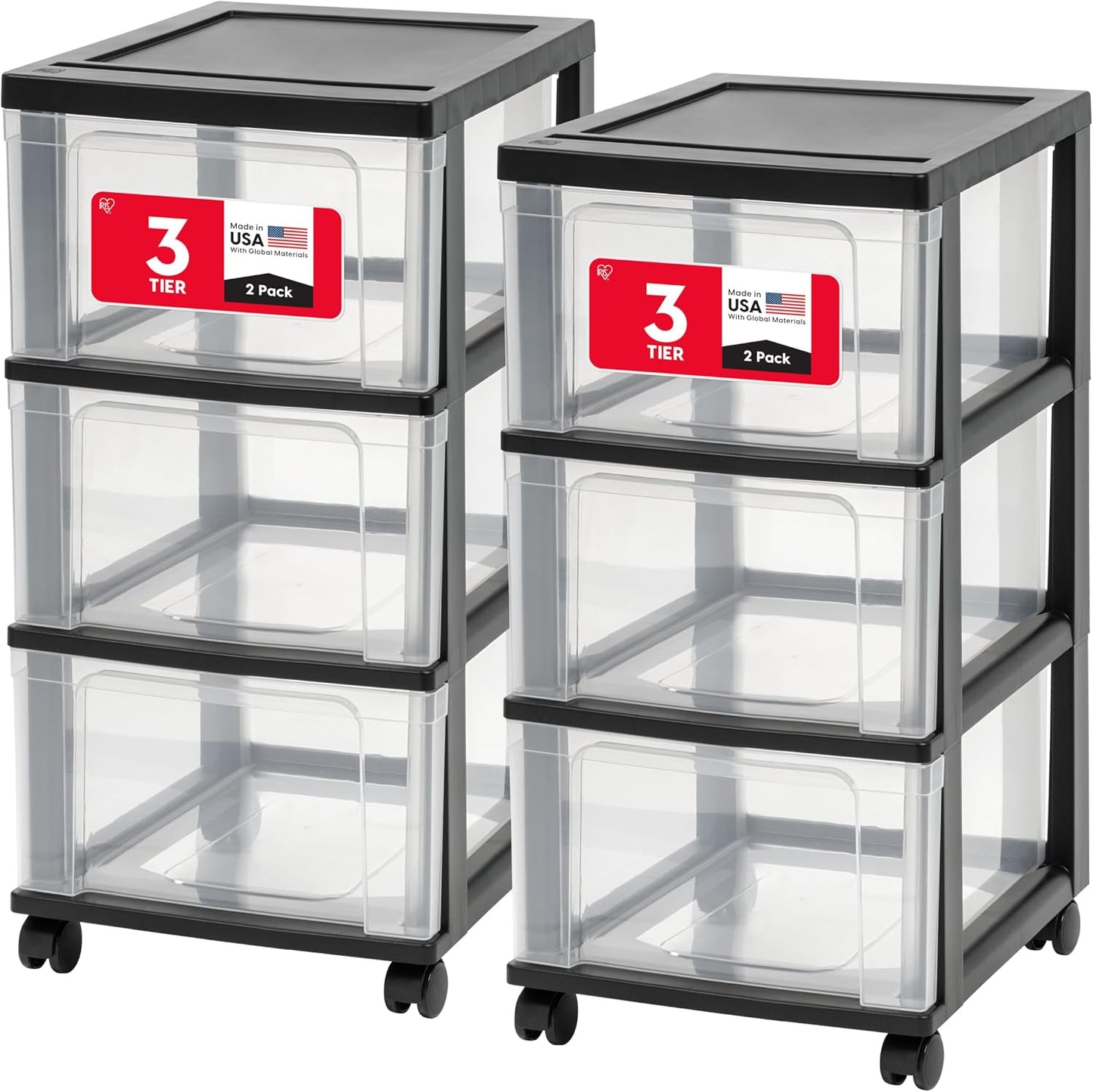 IRIS USA Plastic 3-Drawer Storage Organizer Rolling Cart, with Wheels Casters, 2-Pack, for Classroom Art Supplies Bathroom Dorm Bedroom Laundry Room, Slim Narrow, White/Clear