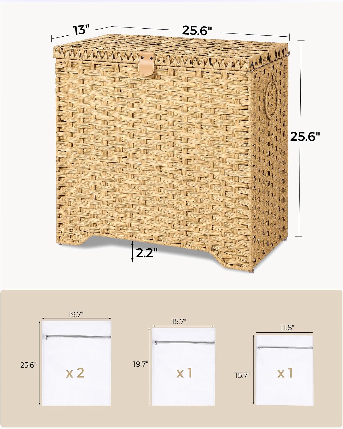 130L Laundry Hamper with Lid, 3 Section Laundry Hamper with 3 Removable Liner Bags, Large Wicker Laundry Basket with 4 Mesh Laundry Bags, Clothes Hamper for Laundry Room, Bedroom, Bathroom