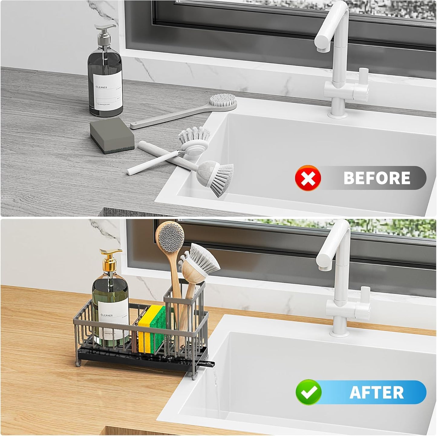 Cisily Sponge Holder for Kitchen Sink, Sink Caddy Organizer with High Brush Holder, Kitchen Countertop Organizers and Storage Essentials, Rustproof 304 Stainless Steel (Black, 9.25″)