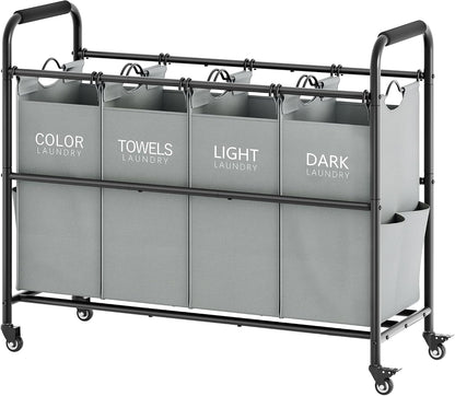 Tajsoon 4 Bag Laundry Sorter Cart, 4 Section Laundry Hamper Sorter with Heavy Duty Lockable Rolling Wheels, Laundry Separator Hamper with Removable Bags for Dirty Clothes Storage, Black