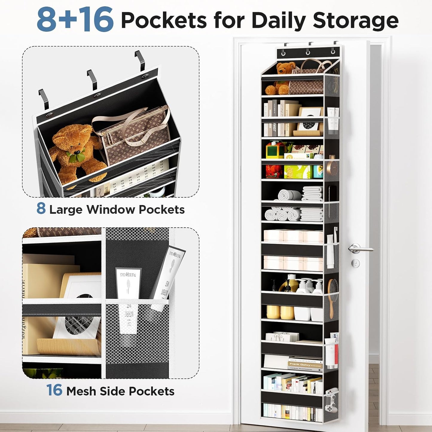 6 Tiers Over The Door Organizer, Heavy Duty Hanging Organizer Storage with Large Capacity Pockets, Behind Door Storage Hanging Shelves for Closet Wall Bathroom Bedroom Nursery Pantry, 1 Pack Grey