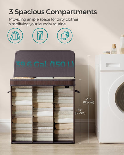SONGMICS Laundry Hamper with Lid, Bamboo Launry Basket with Handles, Foldable Storage Basket for Laundry Room, Bedroom, 100L, Brown ULCB063K02