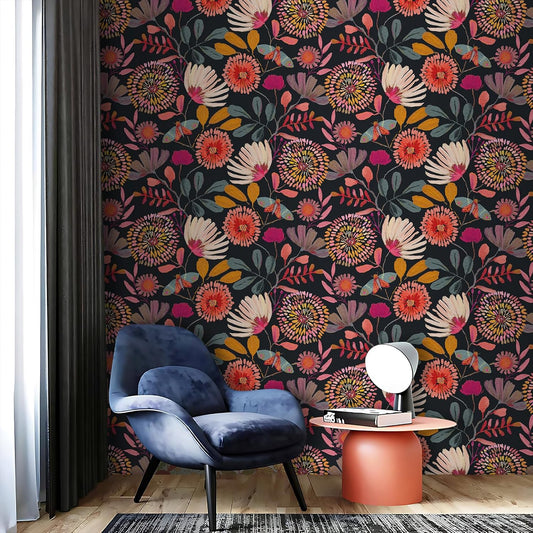 Wallpaper Peel and Stick Floral Wall Paper Removable Waterproof Navy/Pink/Orange Contact Paper for Bedroom, Bathroom,Bathroom, Home Wall 17.3" x 118"