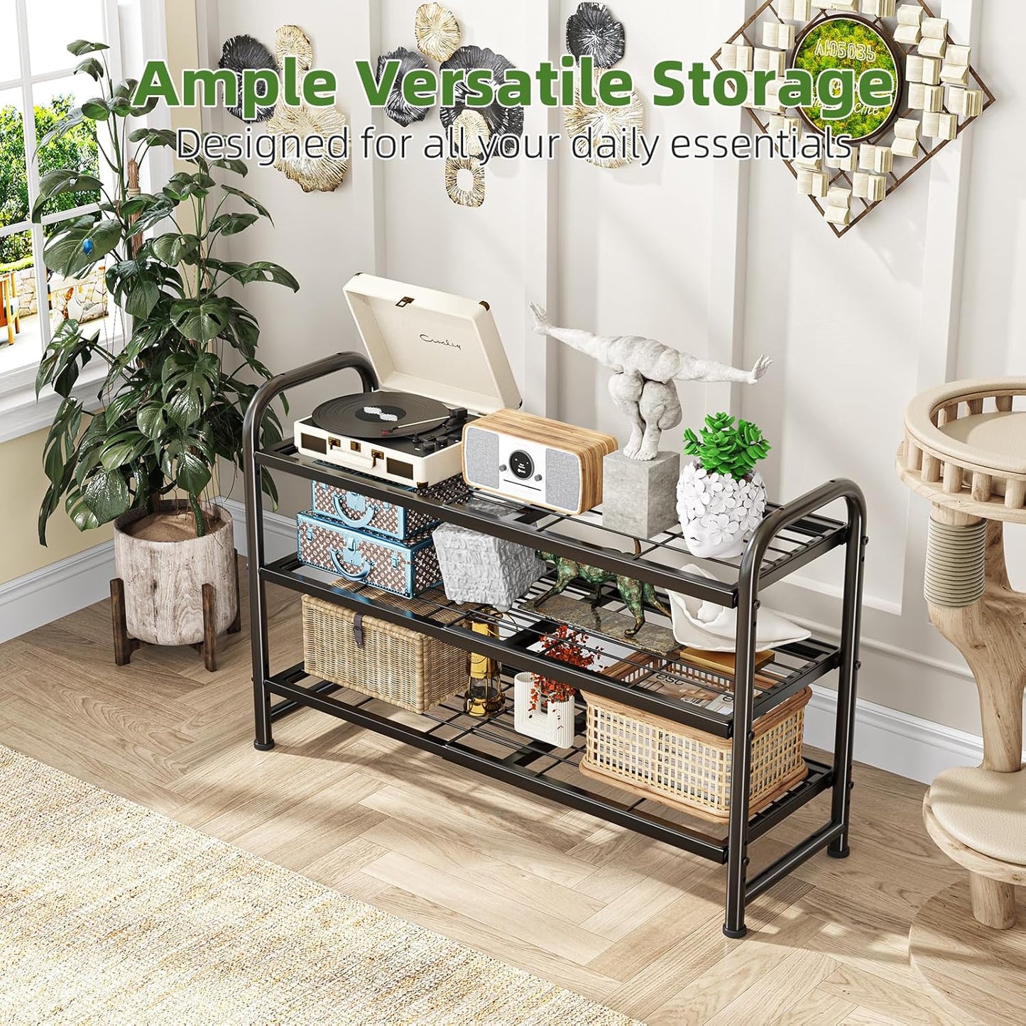 Simple Trending 3-Tier Stackable Shoe Rack, Expandable & Adjustable Shoe Shelf Storage Organizer, Wire Grid, Black