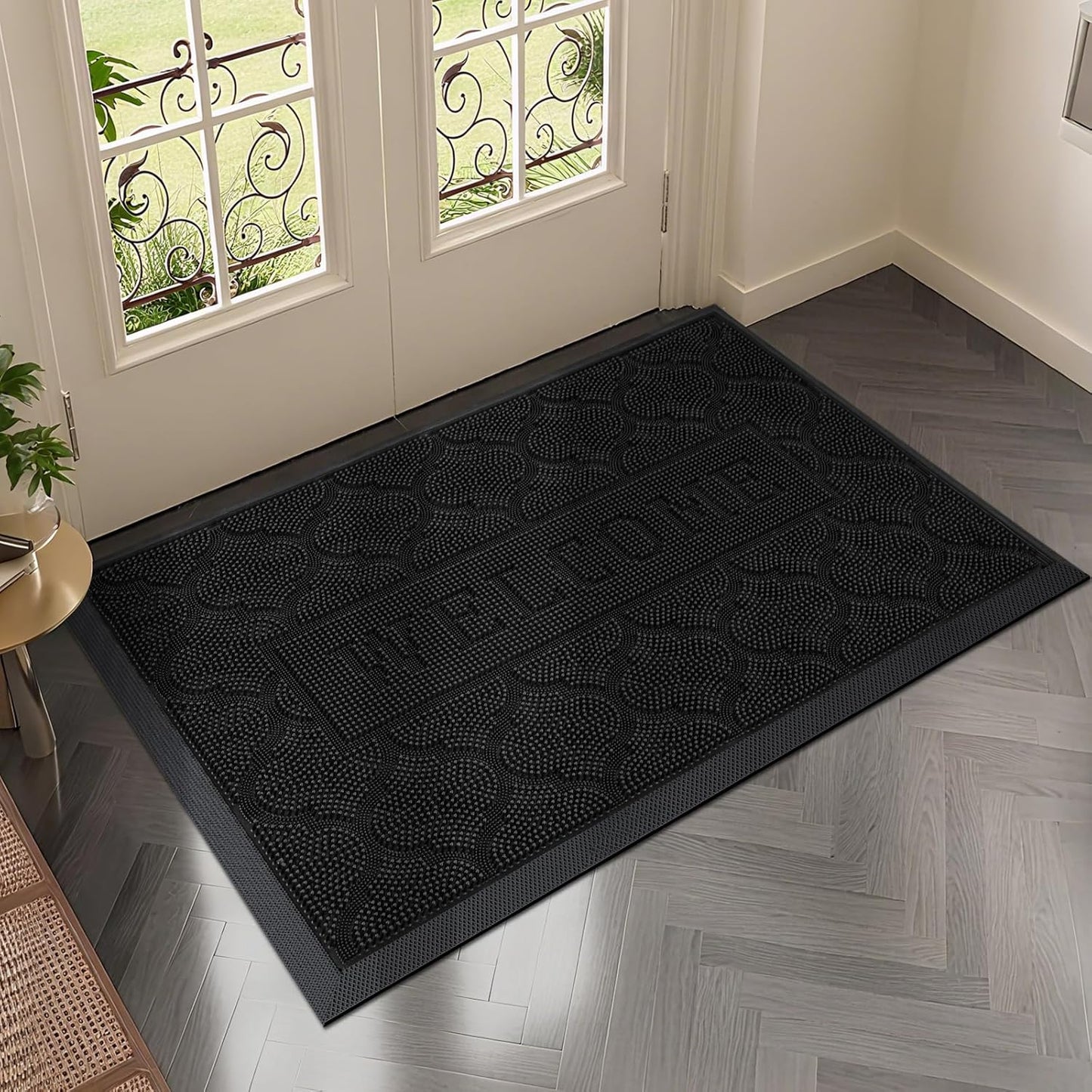 FRAMICS Front Door Mat Outside Entrance, Heavy Duty Rubber Door Mats Outdoor Welcome Mat Waterproof Doormat Non Slip for Entryway Doormats Dirt Trapper Indoor Mats All Seasons, 17 x 30 Inches, Black